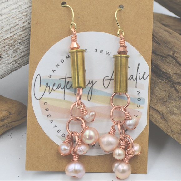 Handmade Pearl and Copper Earrings 14k GP- Unique Statement Piece - Picture 3 of 6